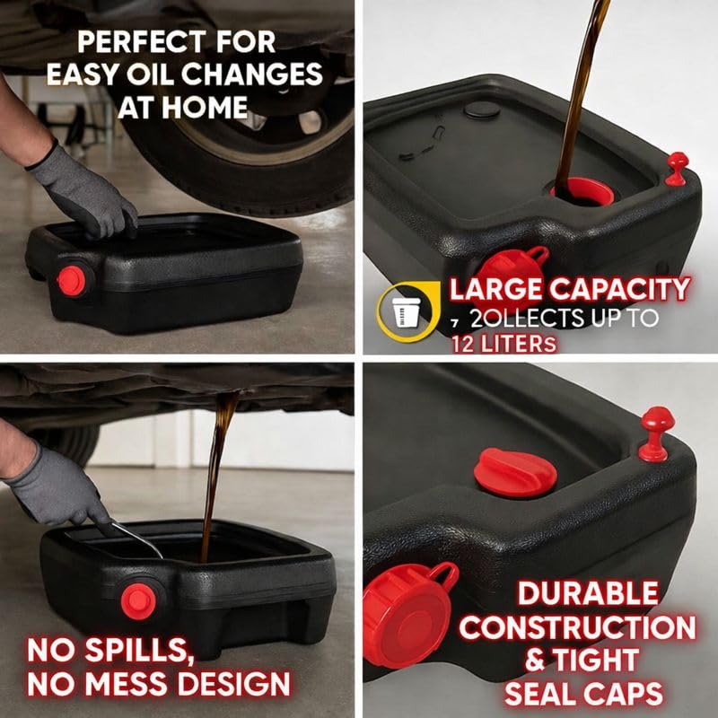 Oil Drain Pan, Low Profile Automotive Oil Change Catch Basin Container with Pour Spout and 2 Side Handles, Black (10 Quart) - size: 10 Quart