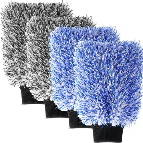 4 Pack Microfiber Car Wash Mitts Set 10x7 Inch Soft Suede Lining Car Wash Gloves, Highly Absorbent Scratch-free Cleaning Cloths for Auto Detailing, Safe with All Soaps, Bucket (Blue & Black) - color: Blue & Black