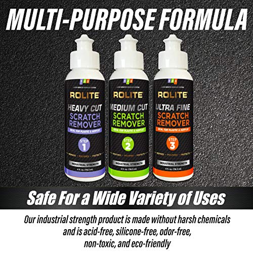Rolite 3 Step Scratch Removal System for Clear Plastic and Acrylic Surfaces - Heavy Cut, Medium Cut and Ultra Fine Combo Set Removes Scratch and Swirl Marks, 3 - 4 Ounce Bottles