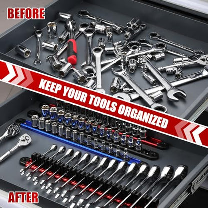 EMENTOL 8-Piece Magnetic Socket Organizer and Screwdriver Organizer Set, 6-Piece Detachable Trays for 1/4", 3/8", 1/2" Sockets & 2-Piece Screwdriver and Wrench Holder, Aluminum Alloy Storage for Tools - size: 8-Piece Set