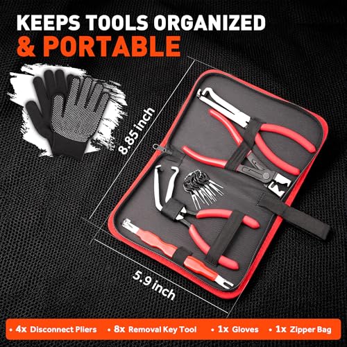 SnowyFox 5PCS Electrical Disconnect Pliers Set Automotive Removal Tool Kit | Automotive Electrical Terminal Connector Separator Removal Tool with Gloves & Storage Bag for Car Suv RV Repair