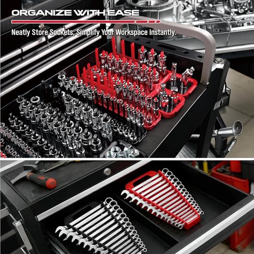 10-Piece Socket and Wrench Organizer Set, 8PC Socket Organizer Tray and 2PC 24-Slot Magnetic Wrench Organizer, for 1/4", 3/8", 1/2" Drive SAE and Metric, Toolbox Drawer Storage, Tools Not Included