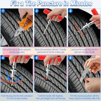 Tire Plug Kit, 130 PCS Tubeless Tire Repair Kit with Heavy-Duty Metal T-Handle Tools, Repair Strips, Screw-in Repair Plugs, Valve Stem Service Accessories & Hard Case for Car SUV Motorcycle ATV - color: 130Pcs Tire Repair Kit
