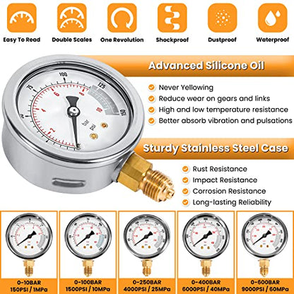 Hydraulic Pressure Test Kit with 5 Gauges 13 Test Couplings 14 Tee Connectors 5 Test Hoses for Excavator Construction Machinery 10/100/250/400/600bar 150/1500/4000/6000/9000PSI - style: 5 Gauges 27 Test Couplings