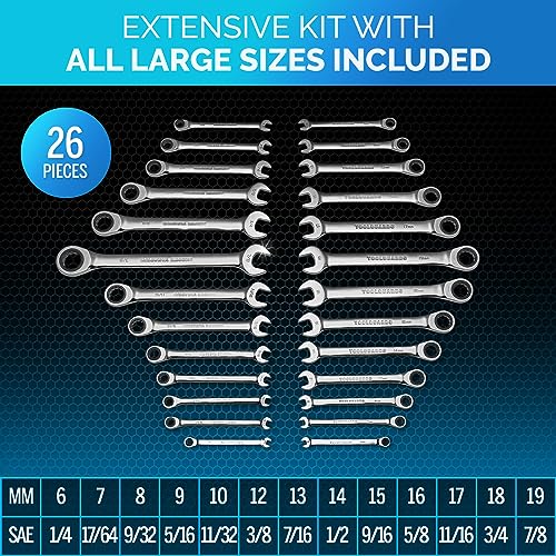 Ratcheting Wrench - Slim Profile - Ratchet Wrench, 26 Pieces Metric & Standard Wrench Set with Rack Organiser