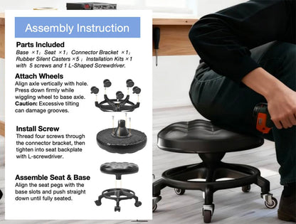 Upgraded Low-Profile Rolling Stool with 360° Smooth Rubber Wheels – Heavy-Duty 450lbs, Puffed PU Seat & Anti-Tip Base | Ideal for Home, Office, Salon, Workshop, Mechanic, Garage, White - style: Puffed Black Seat White Frame