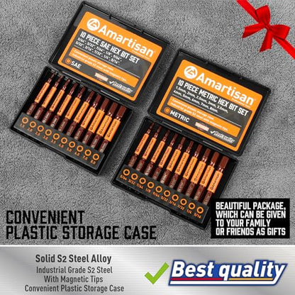 Amartisan 20-Piece Hex Head Allen Wrench Drill Bit Set, Metric and SAE S2 Steel Hex Bits Set, Magnetic Tips, 2.3" Long With Storage box. - style: 20-Piece Hex Bit Set