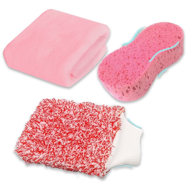 3 Pcs Pink Wash Sponge Microfiber Polishing Towel Exterior Car Cleaning Tools Wash Mitt Lint Free Accessories Set for Car Detailing - color: Pink