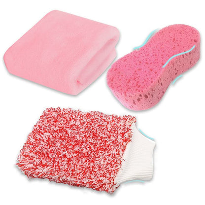 3 Pcs Pink Wash Sponge Microfiber Polishing Towel Exterior Car Cleaning Tools Wash Mitt Lint Free Accessories Set for Car Detailing - color: Pink
