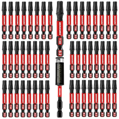 Geinxurn 51 Pieces T30 Impact Tough Magnetic Screwdriver Bit Set, 1 In. #30 Torx Head Power Bit Set, S2 Alloy Steel T30 Star Bit with 1Pcs Impact Bit Holder - size: 2"-51PCS, style: T30