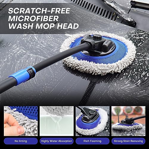 Ultimate Car Wash Brush with Long Handle | 15-Degree Curved Pole Design | Microfiber Brush Head | Adjustable Length | Wide Applications for Car, RV, Truck, Pickup | Car Wash Kit (Blue)