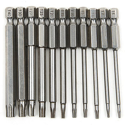 Yakamoz 11 Pcs Magnetic T6-T40 Torx Head Screw Driver Bit Set Security Tamper Proof Star 6 Point Screwdriver Drill Bits Tools with 1/4 Inch Hex Shank | 3 Inch Length - color: 11pcs/ 75mm