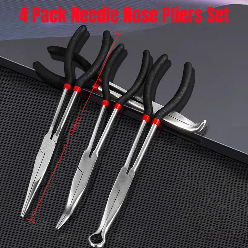 4Pcs Extra Long Needle Nose Pliers Set, 11" Long Reach Straight,45/90 Degree Bent Nose Pliers, and O-shape Hose Gripper Pliers for Car Repair/House Work