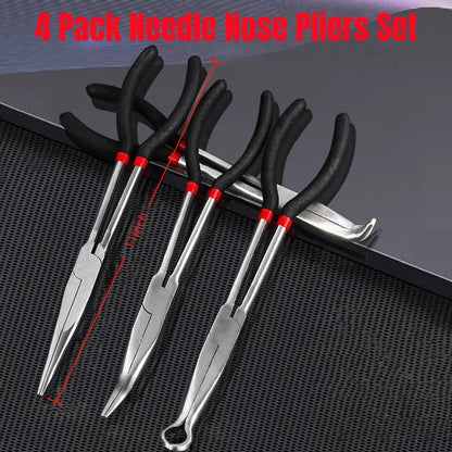 4Pcs Extra Long Needle Nose Pliers Set, 11" Long Reach Straight,45/90 Degree Bent Nose Pliers, and O-shape Hose Gripper Pliers for Car Repair/House Work