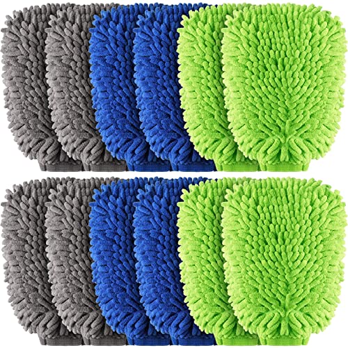 Riakrum 12Pcs Car Wash Mitts - Chenille Microfiber Wash Mitts for Car Washing,Scratch Free,Reusable Waterproof Gloves for Cars, Trucks and Boats 7.5'' x 10.2''