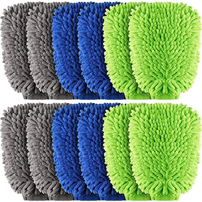Riakrum 12Pcs Car Wash Mitts - Chenille Microfiber Wash Mitts for Car Washing,Scratch Free,Reusable Waterproof Gloves for Cars, Trucks and Boats 7.5'' x 10.2''