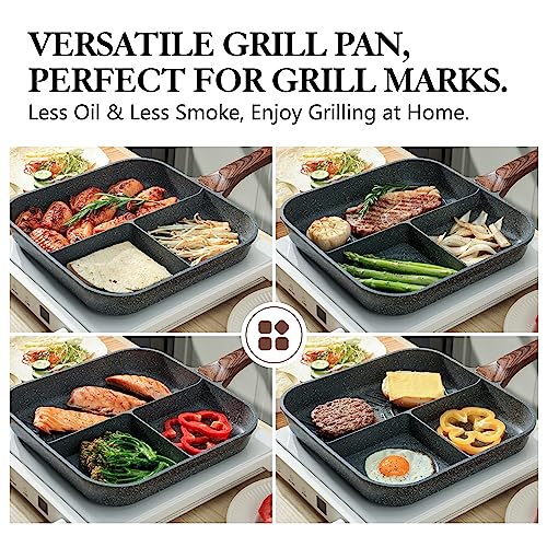 Sensarte Nonstick 11-Inch Square Grill Pan, 3-Section Versatile Breakfast Skillet, Die-cast Aluminum, PFOA, PFOS, APEO Free, Induction, Gas, Electric, Glass, Ceramic - color: Gray Granite-3 Section, size: 11 Inch