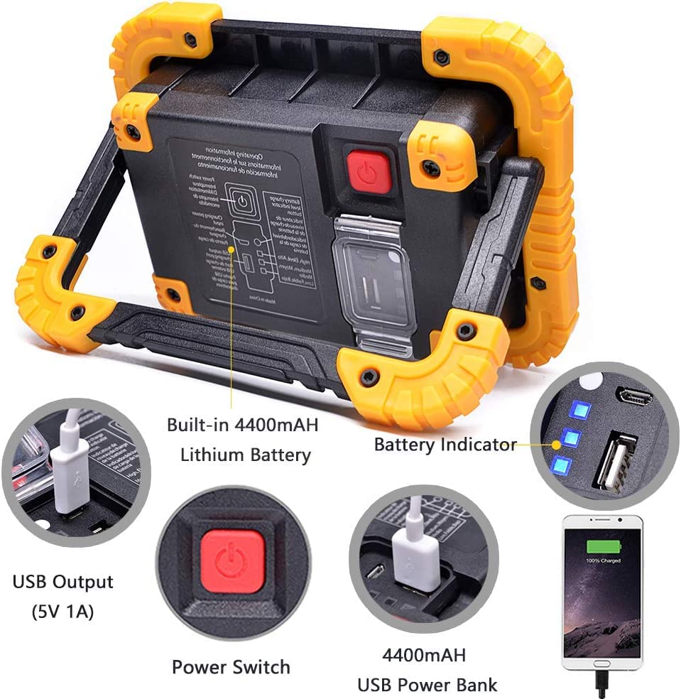YXQUA Rechargeable Work Light, 30W LED Portable Flood Light, Super Bright IP65 Waterproof,180° Adjustable Stand for Job Site Lighting Outdoor Camping Emergency Car Repairing - size: 6.78 inches
