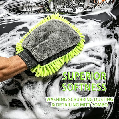 3 PCS Microfiber Car Wash Mitt, Microfiber Chenille Car Wash Sponge Glove for Car Washing and Detailing Scratch-Free, Lint-Free, Foam Gun, and Absorbent, Foam Scrubber, Cleaning Supplies