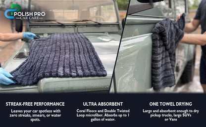 Polish Pro Car Drying Towel & Wash Mitt, Ultra Soft, Super Absorbent 1400 GSM Car Washing Kit, Twisted Loop & Coral Fleece, Holds Up to 10lbs Water, 24"x36", Set of 2