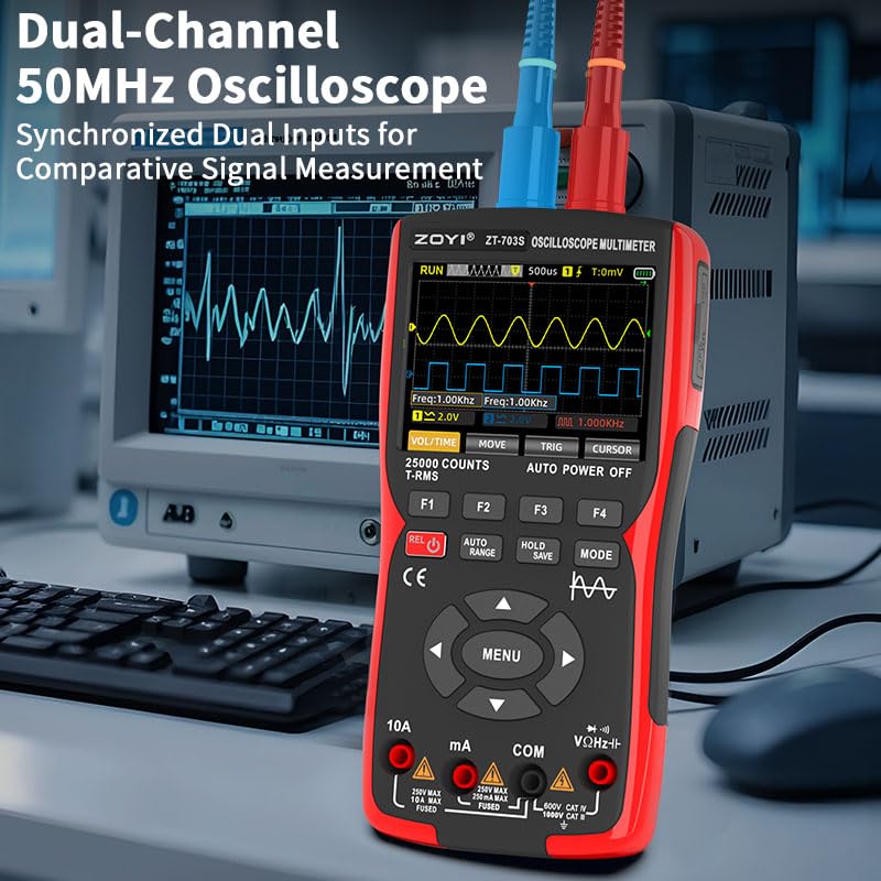 3 in 1 Handheld Oscilloscope Automotive Dual Channel 50MHz with Digital Multimeter and Signal Generator