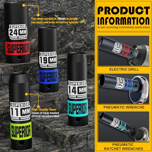 14 Piece 1/2" Drive Impact Socket Set, 8 mm - 22 mm Deep Socket, Metric Socket Set With Adapter & Quick-Release Holder, 6 Point, CR-V, Automotive Maintenance, Machinery Manufacturing - size: 1/2" Deep Metric