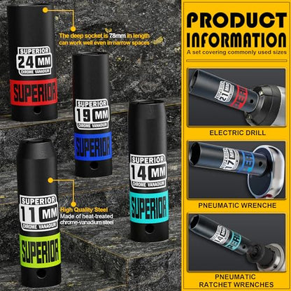 14 Piece 1/2" Drive Impact Socket Set, 8 mm - 22 mm Deep Socket, Metric Socket Set With Adapter & Quick-Release Holder, 6 Point, CR-V, Automotive Maintenance, Machinery Manufacturing - size: 1/2" Deep Metric