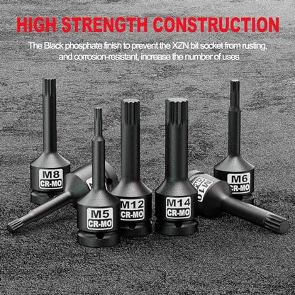 3/8" Drive Master Impact XZN Bit Socket Set, 7-Pieces: M5 - M14, Cr-Mo Steel, Heavy Duty Storage Case - size: 3/8" XZN
