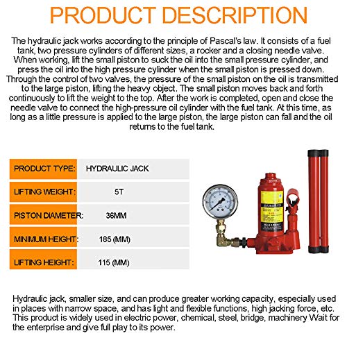 5/20tonne Hydraulic Bottle Jack Lifting Ram, Car Van Boat Truck Caravan, Hydraulic Jack, with Pressure Gauge,5T
