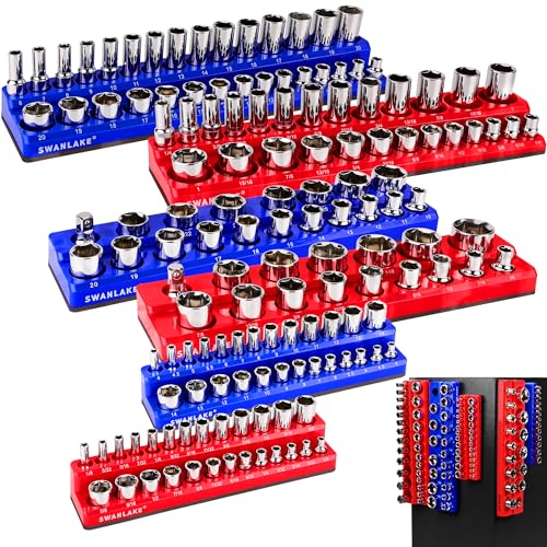 Magnetic Socket Organizer Set, 6PCS Socket Holder, 1/4", 3/8", 1/2" Sockets Holds 143 Pieces Magnetic Sockets Trays (Blue&red, 6 Pcs) - style: 6PCS Red/Blue