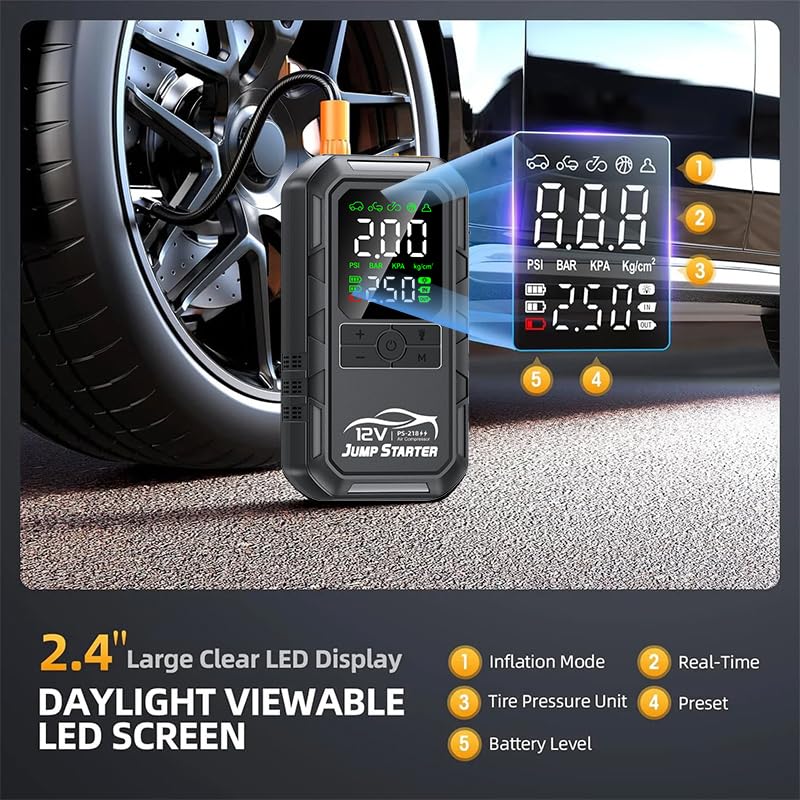 10-in-1 Car Battery Jump Starter with Air Compressor 10000A 160PSI Portable Car Jumper Starter (All Gas 12L Diesel), 12V Jump Box Car Battery Jump Starter Portable Jumper Cables, Lights (10000A) - size: 10000A