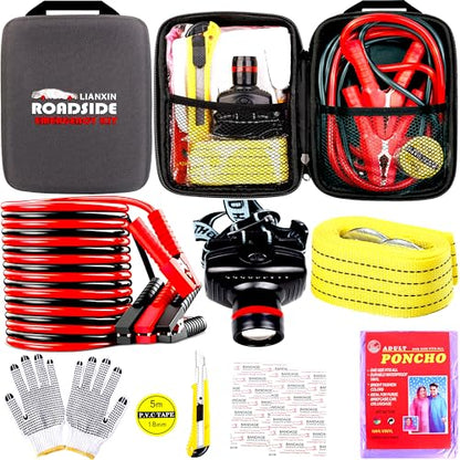Car Emergency Kit with Battery Jumper Cables Headlamp Car Safety Kits | LIANXIN Roadside Emergency Kit Tow Straps, Art Knife, Gloves, Breakdowns Gifts for New Drivers and Teenagers - color: Gray