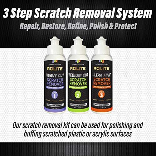 Rolite 3 Step Scratch Removal System for Clear Plastic and Acrylic Surfaces - Heavy Cut, Medium Cut and Ultra Fine Combo Set Removes Scratch and Swirl Marks, 3 - 4 Ounce Bottles