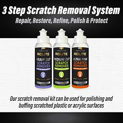 Rolite 3 Step Scratch Removal System for Clear Plastic and Acrylic Surfaces - Heavy Cut, Medium Cut and Ultra Fine Combo Set Removes Scratch and Swirl Marks, 3 - 4 Ounce Bottles