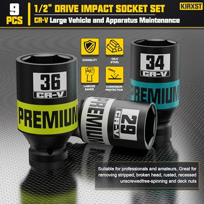 9 Piece 1/2" Drive Impact Socket Set, Metric Axle Nut Sockets, 29-38mm Thicker Jumbo Sockets, Socket Set, 6 Point, Cr-V Steel for Auto Repair - size: 1/2" 9pcs