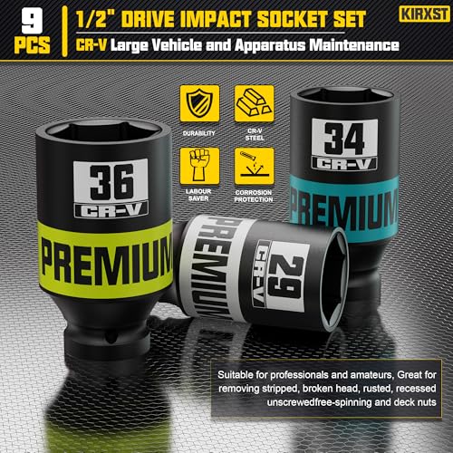 9 Piece 1/2" Drive Impact Socket Set, Metric Axle Nut Sockets, 29-38mm Thicker Jumbo Sockets, Socket Set, 6 Point, Cr-V Steel for Auto Repair - size: 1/2" 9pcs