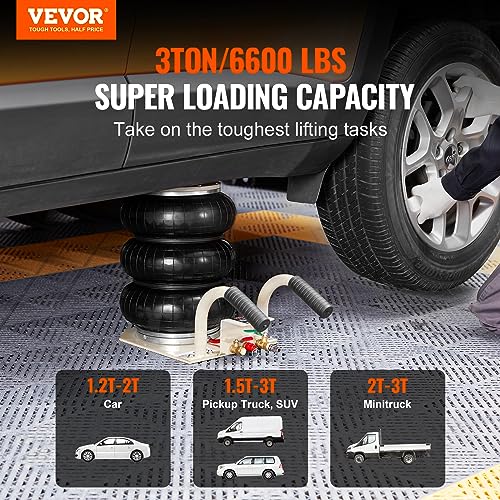 VEVOR Air Jack, 3 Ton/6600 lbs Triple Bag Air Jack, Airbag Jack with Six Steel Pipes, Lift up to 17.7 inch/450 mm, 3-5 s Fast Lifting Pneumatic Jack, with Short Handles for Car Repair - style: 3T/high 17.7in-short Handle