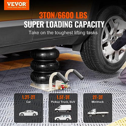VEVOR Air Jack, 3 Ton/6600 lbs Triple Bag Air Jack, Airbag Jack with Six Steel Pipes, Lift up to 17.7 inch/450 mm, 3-5 s Fast Lifting Pneumatic Jack, with Short Handles for Car Repair - style: 3T/high 17.7in-short Handle