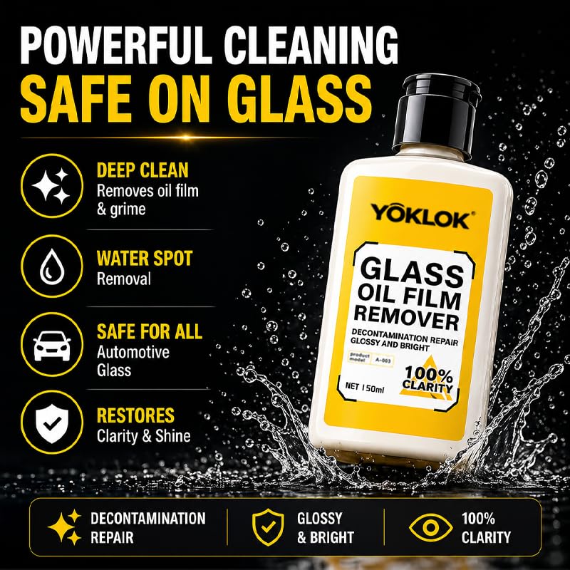 Glass Oil Film Remover for Car Windows, Professional Windshield Cleaner & Restorer, Eliminates Water Spots, Grime & Night Glare, Auto Glass Stripper Kit with 2 Sponges, 150ml (5.1oz)