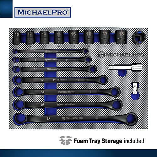 MichaelPro 18-Piece Bolt Extractor Wrench and Socket Set, 45° Offset Wrenches Metric 6-19mm, 6-Point Box End Nut for Rounded, Stripped & Thin Bolts Removal, CR-V Steel, Extractor Sockets 10-19mm
