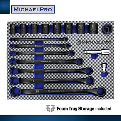 MichaelPro 18-Piece Bolt Extractor Wrench and Socket Set, 45° Offset Wrenches Metric 6-19mm, 6-Point Box End Nut for Rounded, Stripped & Thin Bolts Removal, CR-V Steel, Extractor Sockets 10-19mm