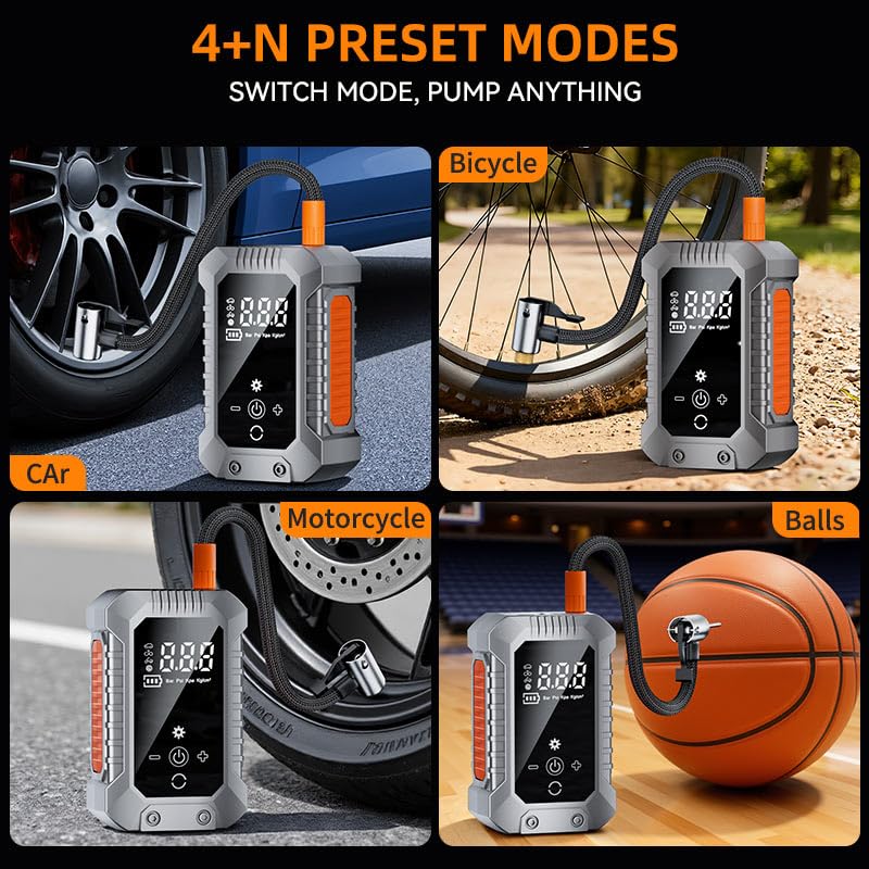 Cordless Tire Inflator Portable Air Compressor - 3600mAh Rechargeable Car Tire Pump with Digital Pressure Gauge, LED Light, Auto Shut Off, Dual Power Source for Car, Motorcycle, Bicycle, Balls