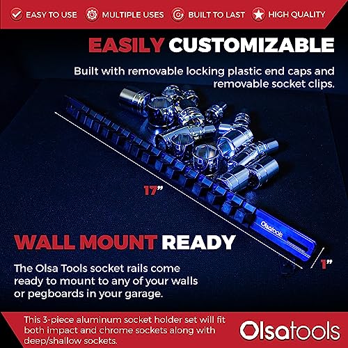 Olsa Tools 3-Piece Aluminum Socket Organizer with Locking End Caps | 1/4-Inch, 3/8-Inch, 1/2-Inch Drive x 24, 18, 16 Clips | Professional Quality Socket Holder (Blue) - color: Blue, size: 3pc, 1/4, 3/8, & 1/2-Inch Drive