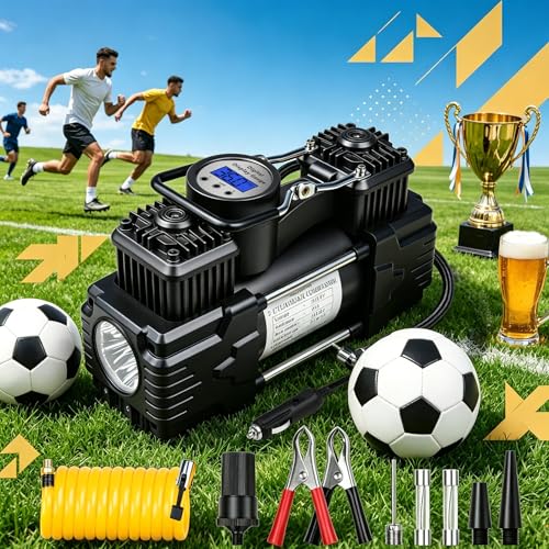 Dual Cylinder Portable Tire Inflator Air Compressor, 150 PSI 12V DC Air Pump with Digital Display, Emergency LED Light, Auto Shut-Off, Heavy Duty - color: Black