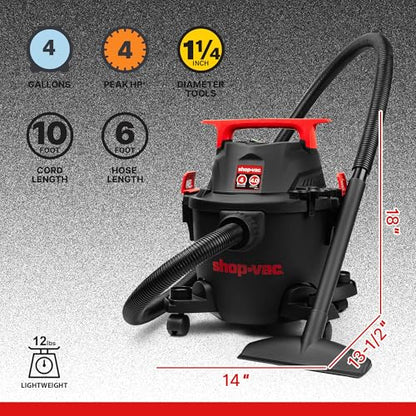 Shop-Vac 5430112 Wet/Dry Vacuum, 4 Gallon, 4 Peak HP, 1-1/4 Inch Diameter x 6 Foot Hose, 10 Foot Cord, Ideal for Jobsite, Garage, Workshop & Home