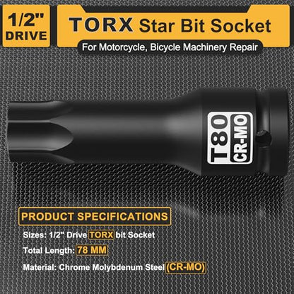 1/2" Drive T80 Torx Bit Socket, Star Bit Socket, CR-MO Steel, Motorcycle, Bicycle Machinery Repair - size: 1/2" T80 Deep