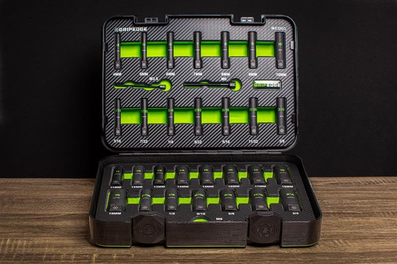 GripEdge | 32-PC 1/4" & 3/8" Drive Deep Metric & SAE Master Socket Extractor Set| Includes sizes - 4-19mm & 3/16-3/4" | Includes Premium Plastic Case With Foam Insert |