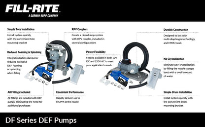 Fill-Rite DF120CAN520-RP 120V 8 GPM Diesel Exhaust Fluid (DEF) Transfer Pump w/Tote Mount Package, Automatic Nozzle, & RPV Dispense Coupler - style: 120V Tote Mount w/RPV