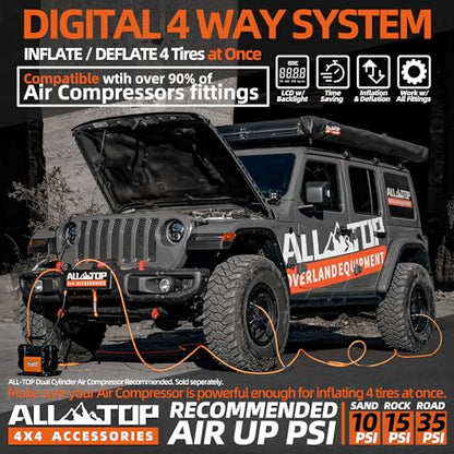 ALL-TOP 4 Tire Inflation & Deflation System, Up to 200" Wheelbase, Rapid High-Flow Air Up Down Kit w/Digital Pressure Gauge & Worry-Free Quick Fitting Package