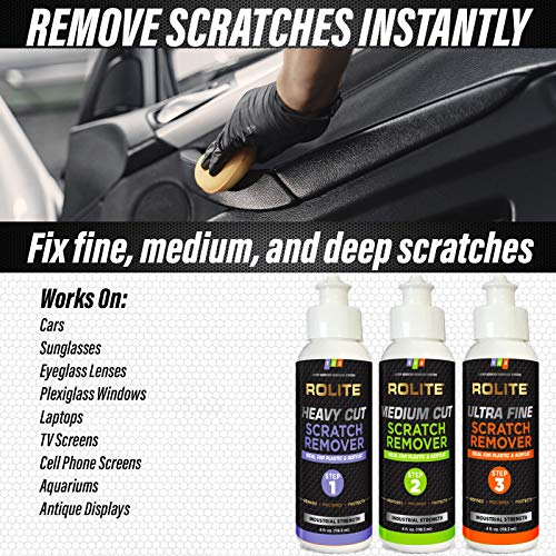Rolite 3 Step Scratch Removal System for Clear Plastic and Acrylic Surfaces - Heavy Cut, Medium Cut and Ultra Fine Combo Set Removes Scratch and Swirl Marks, 3 - 4 Ounce Bottles